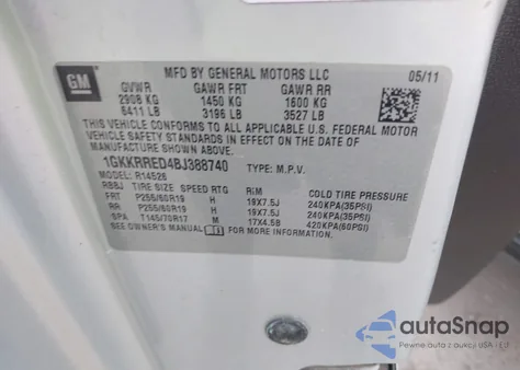 2011 GMC Acadia Slt-1 from USA, damaged, VIN 1GKKRRED4BJ388740